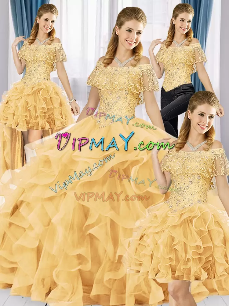 Cute Ball Gowns Sweet 16 Dresses Gold Off The Shoulder Organza Sleeveless Floor Length Lace Up