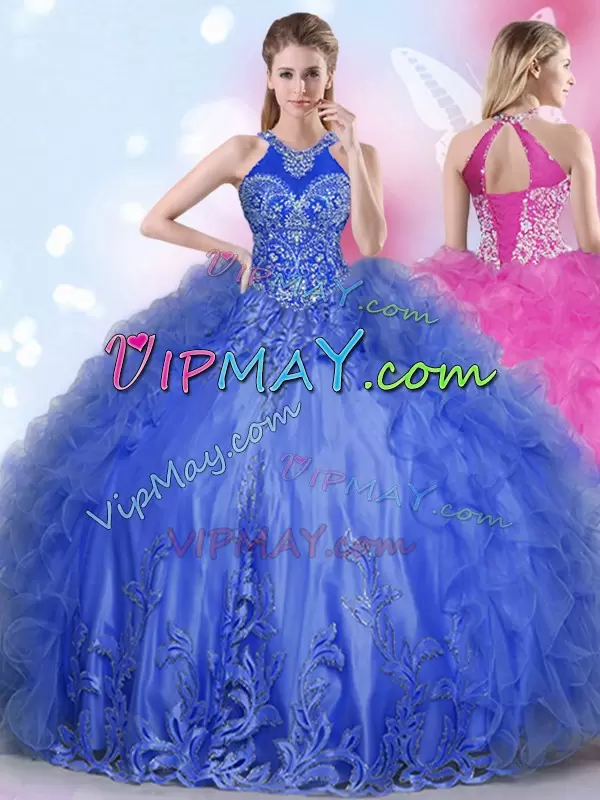 Customized Royal Blue Ball Gowns Appliques and Ruffles 15th Birthday Dress Lace Up Tulle Sleeveless Floor Length