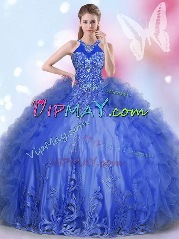 Customized Royal Blue Ball Gowns Appliques and Ruffles 15th Birthday Dress Lace Up Tulle Sleeveless Floor Length