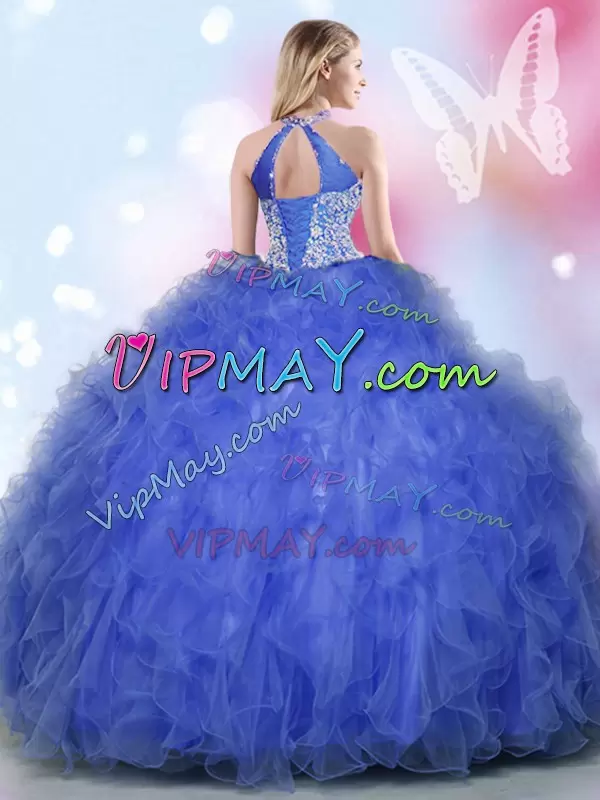 Customized Royal Blue Ball Gowns Appliques and Ruffles 15th Birthday Dress Lace Up Tulle Sleeveless Floor Length