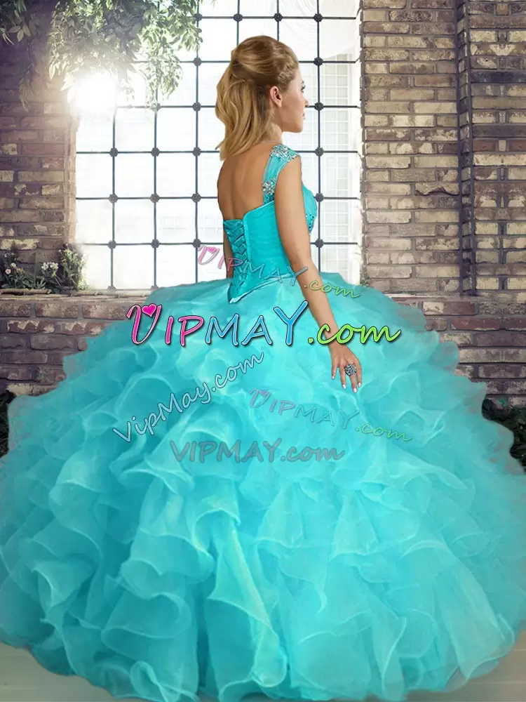 Floor Length Lace Up Quinceanera Dresses Aqua Blue for Military Ball and Sweet 16 and Quinceanera with Beading and Ruffles