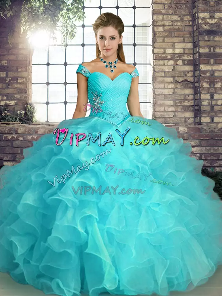 Floor Length Lace Up Quinceanera Dresses Aqua Blue for Military Ball and Sweet 16 and Quinceanera with Beading and Ruffles