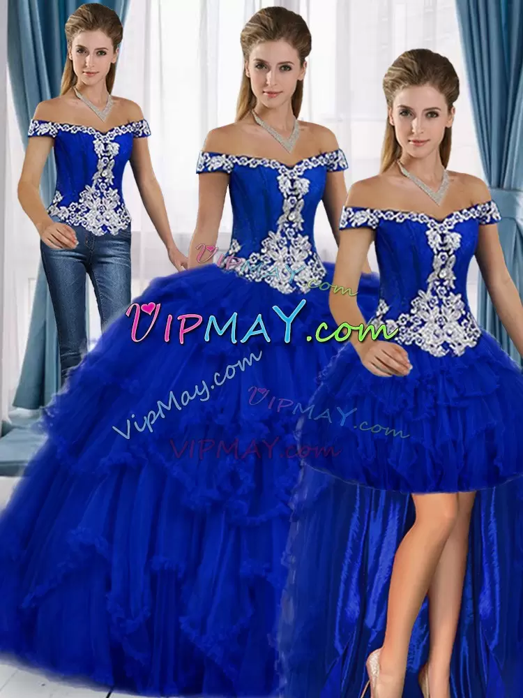 Royal Blue Lace Up Sweetheart Beading and Embroidery Quinceanera Dress Tulle Sleeveless Sweep Train