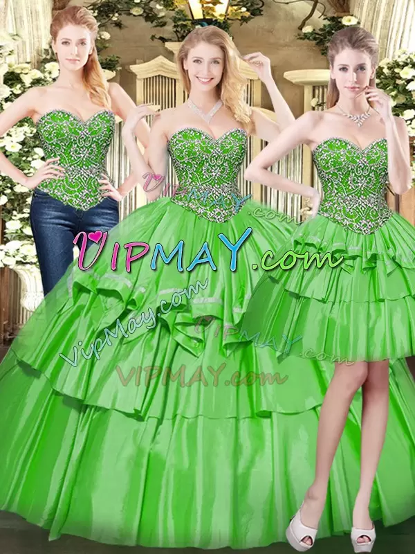 Green Sleeveless Beading and Ruffled Layers Floor Length 15th Birthday Dress