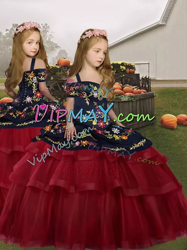 Custom Made Lace Up Quince Ball Gowns Wine Red for Military Ball and Sweet 16 and Quinceanera with Embroidery and Ruffled Layers Brush Train