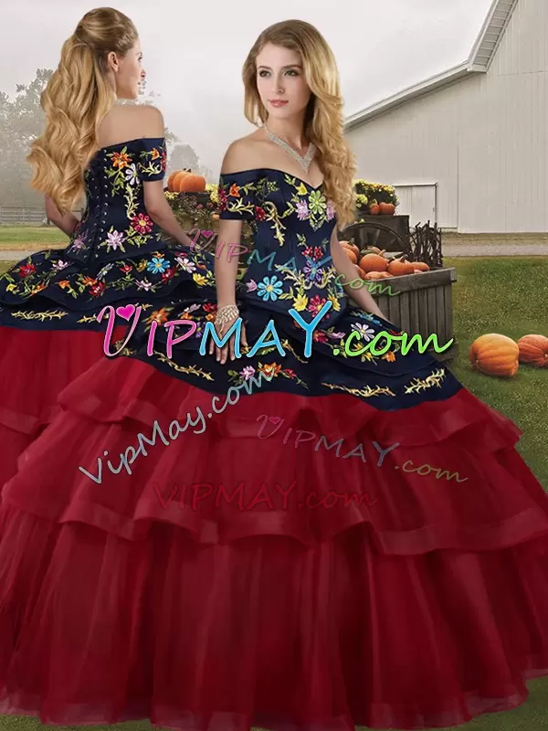 Custom Made Lace Up Quince Ball Gowns Wine Red for Military Ball and Sweet 16 and Quinceanera with Embroidery and Ruffled Layers Brush Train