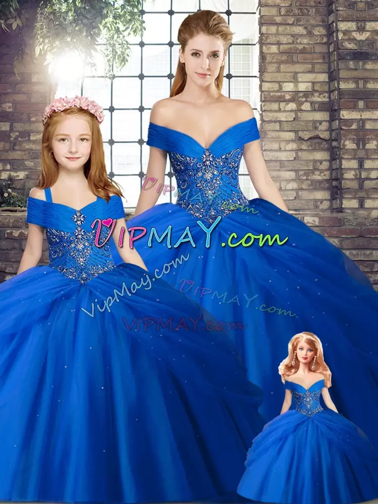 Custom Designed Off The Shoulder Sleeveless Brush Train Lace Up Quinceanera Dress Royal Blue Tulle Beading and Pick Ups