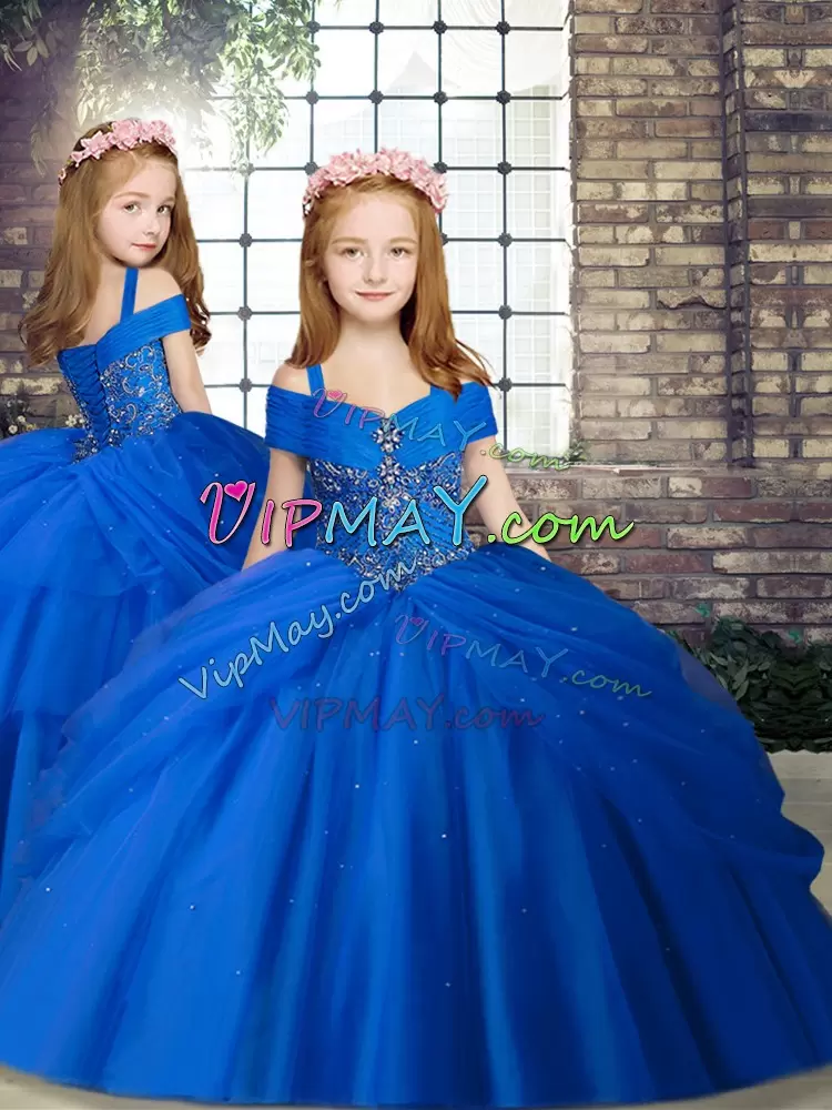 Custom Designed Off The Shoulder Sleeveless Brush Train Lace Up Quinceanera Dress Royal Blue Tulle Beading and Pick Ups