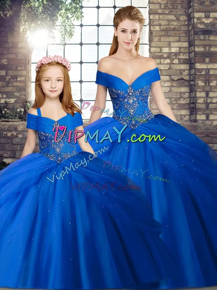 Custom Designed Off The Shoulder Sleeveless Brush Train Lace Up Quinceanera Dress Royal Blue Tulle Beading and Pick Ups