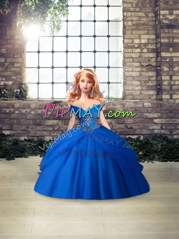 Custom Designed Off The Shoulder Sleeveless Brush Train Lace Up Quinceanera Dress Royal Blue Tulle Beading and Pick Ups