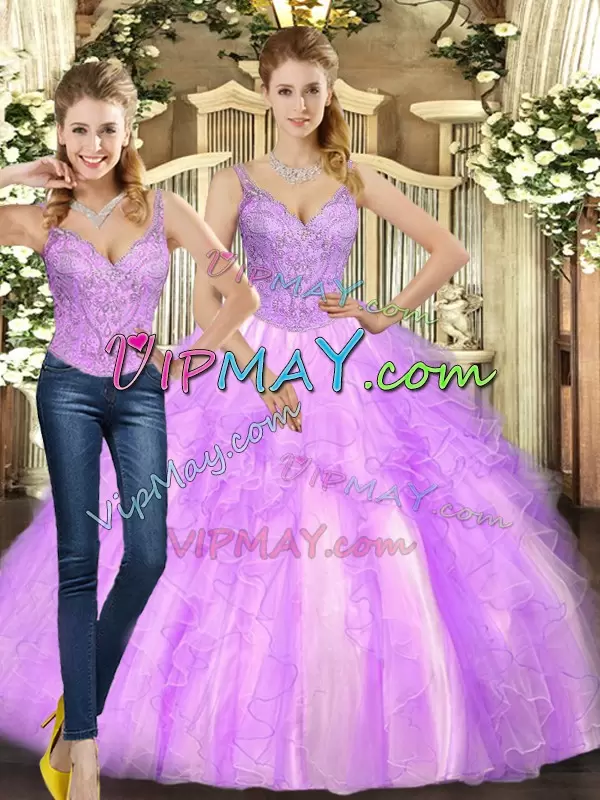 Floor Length Lilac Vestidos de Quinceanera Straps Sleeveless Lace Up