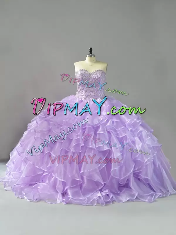 Best Selling Lavender Lace Up Sweetheart Beading and Ruffles Quinceanera Gowns Organza Sleeveless Brush Train