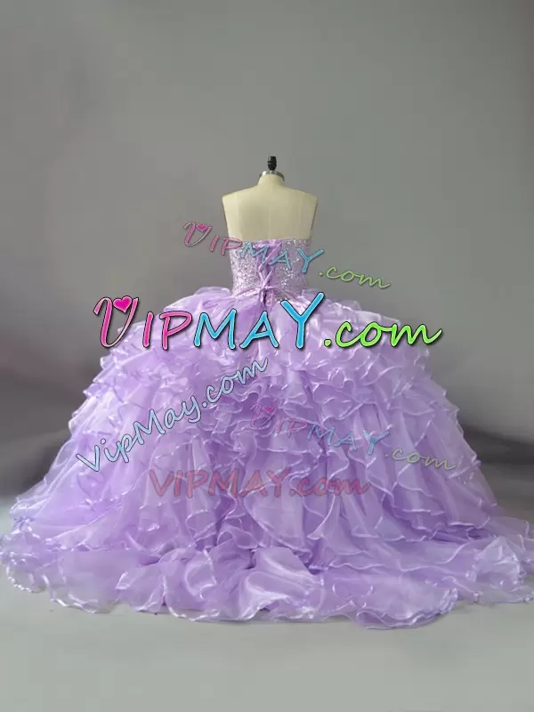 Best Selling Lavender Lace Up Sweetheart Beading and Ruffles Quinceanera Gowns Organza Sleeveless Brush Train