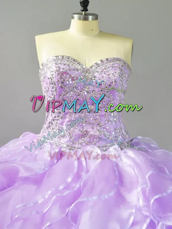 Best Selling Lavender Lace Up Sweetheart Beading and Ruffles Quinceanera Gowns Organza Sleeveless Brush Train