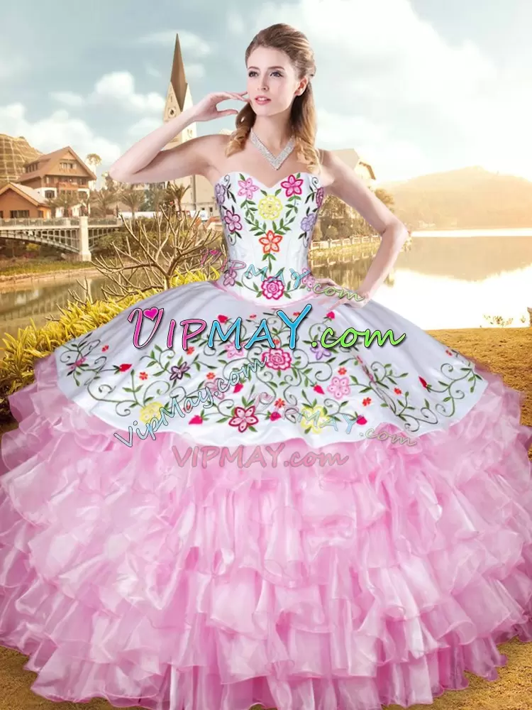 Charro Sleeveless White Long Sweet 15 Quinceanera Dress with Colorful Embroidery and Pink Ruffled Layers