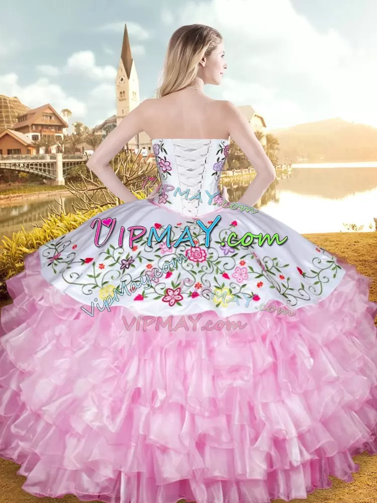 Charro Sleeveless White Long Sweet 15 Quinceanera Dress with Colorful Embroidery and Pink Ruffled Layers