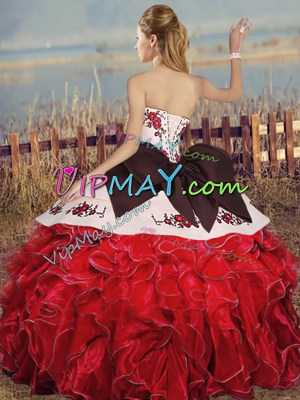 Latest White And Red Sleeveless Floor Length Embroidery and Ruffles and Bowknot Lace Up Vestidos de Quinceanera Sweetheart