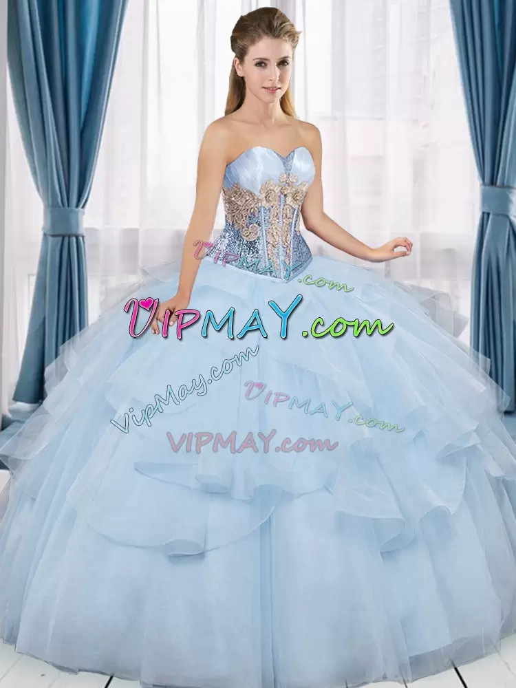 Cute Ball Gowns Sweet 16 Quinceanera Dress Blue Sweetheart Tulle Sleeveless Floor Length Lace Up