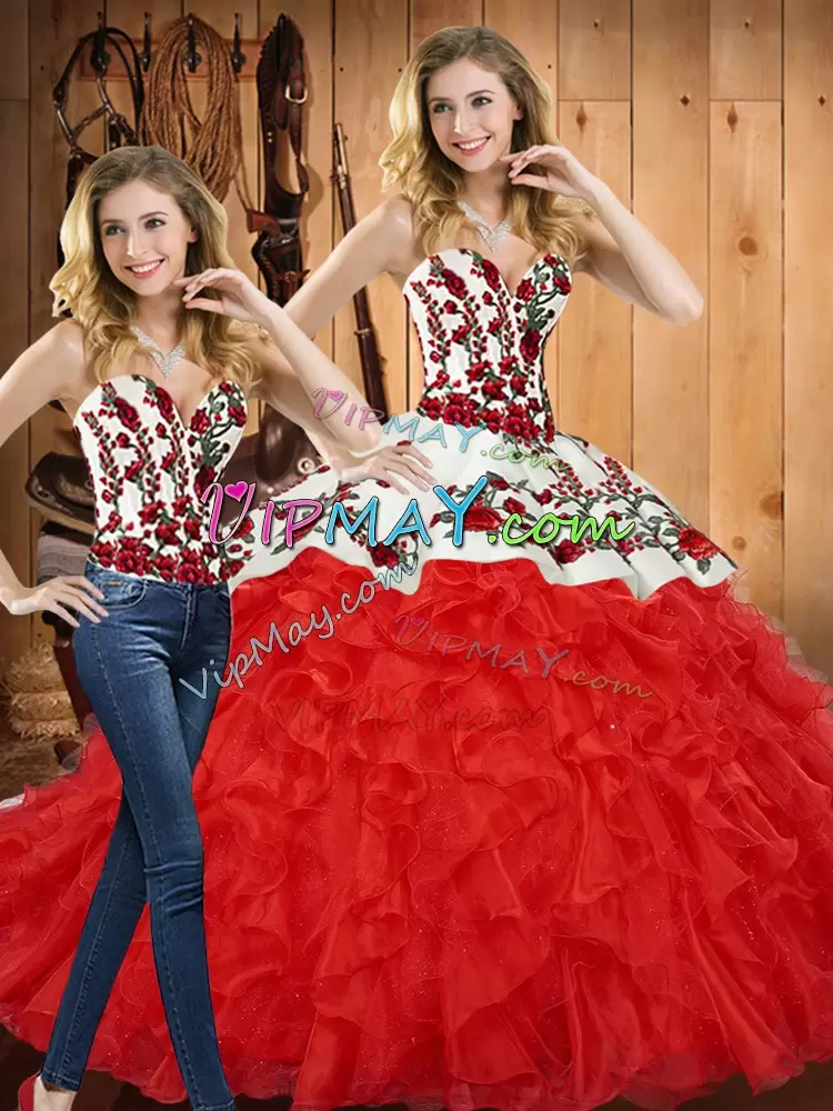 Captivating Sleeveless Tulle Floor Length Lace Up Vestidos de Quinceanera in Red with Embroidery and Ruffles