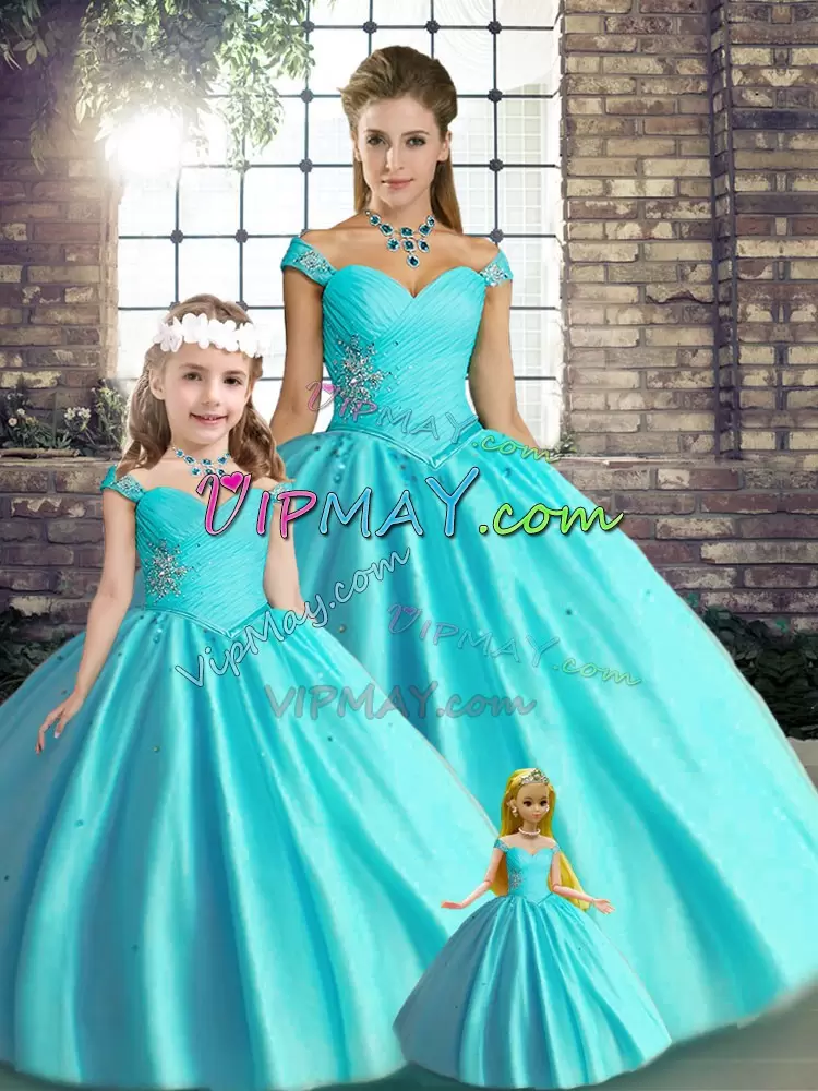 Aqua Blue Sweet 16 Dresses Military Ball and Sweet 16 and Quinceanera with Beading Off The Shoulder Sleeveless Lace Up