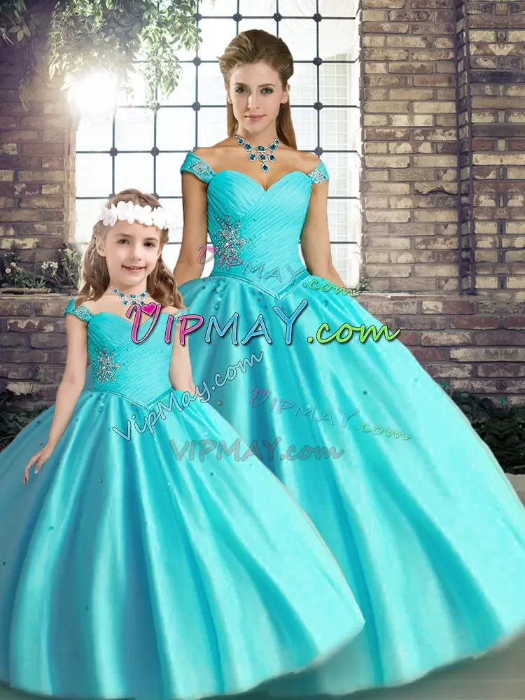 Aqua Blue Sweet 16 Dresses Military Ball and Sweet 16 and Quinceanera with Beading Off The Shoulder Sleeveless Lace Up