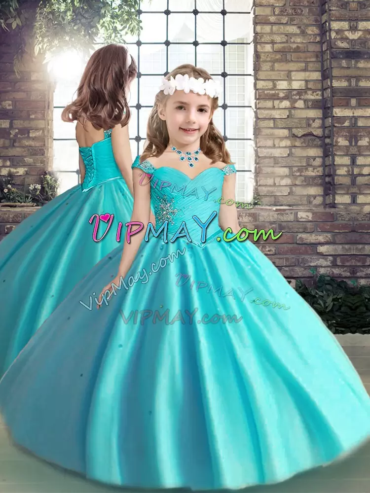 Aqua Blue Sweet 16 Dresses Military Ball and Sweet 16 and Quinceanera with Beading Off The Shoulder Sleeveless Lace Up