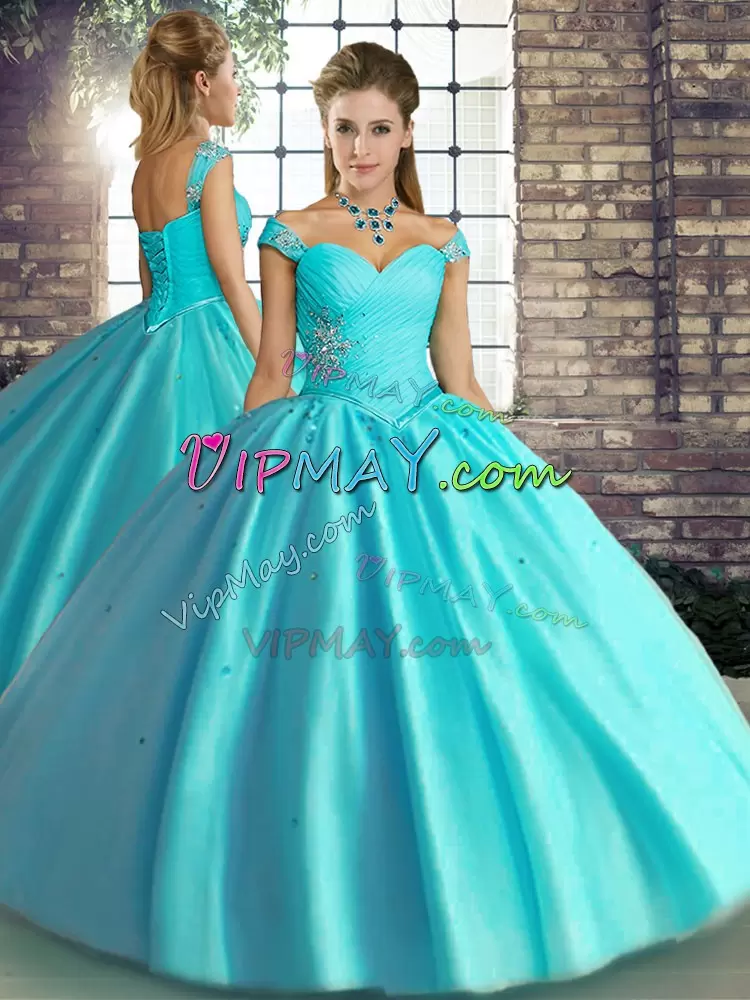 Aqua Blue Sweet 16 Dresses Military Ball and Sweet 16 and Quinceanera with Beading Off The Shoulder Sleeveless Lace Up