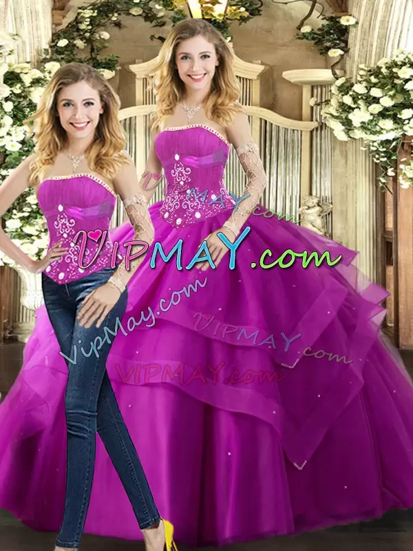 Traditional Fuchsia Ball Gowns Tulle Strapless Sleeveless Beading and Ruffles Floor Length Lace Up Sweet 16 Quinceanera Dress