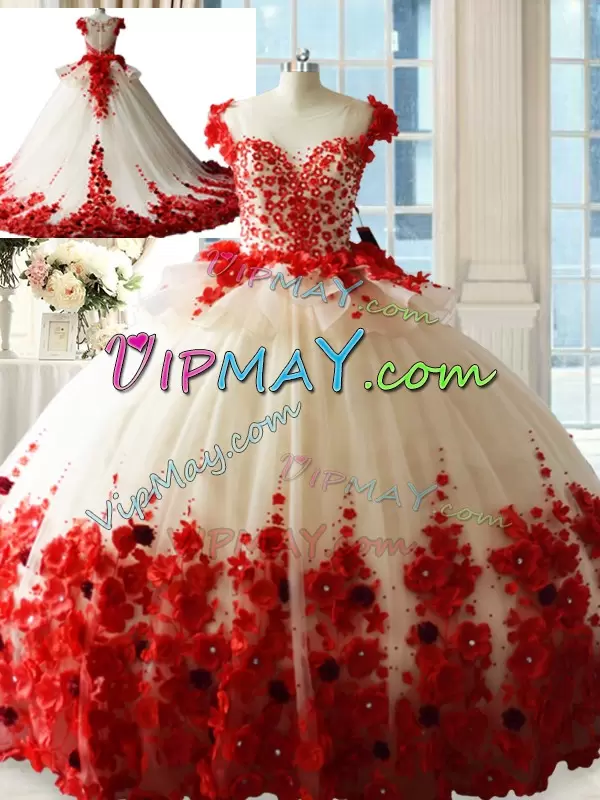 Most Popular White And Red Zipper Quinceanera Dress Hand Made Flower Sleeveless Brush Train