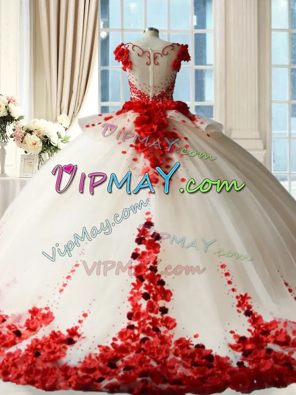 Most Popular White And Red Zipper Quinceanera Dress Hand Made Flower Sleeveless Brush Train