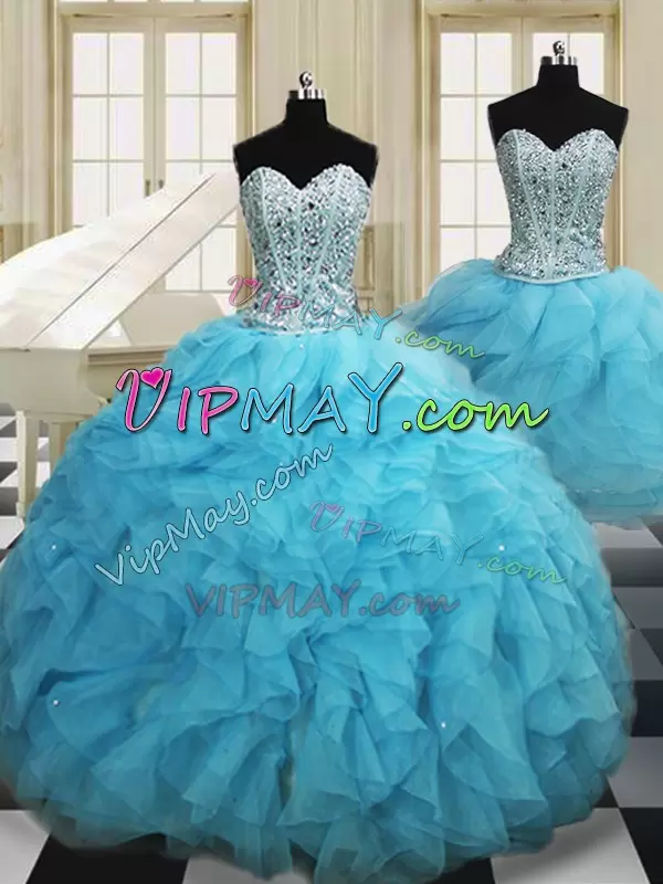 Decent Floor Length Baby Blue Sweet 16 Quinceanera Dress Organza Sleeveless Beading and Ruffles