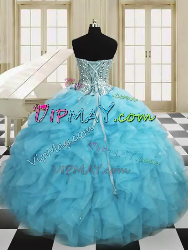 Decent Floor Length Baby Blue Sweet 16 Quinceanera Dress Organza Sleeveless Beading and Ruffles