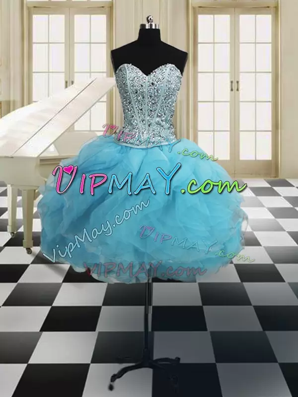 Decent Floor Length Baby Blue Sweet 16 Quinceanera Dress Organza Sleeveless Beading and Ruffles