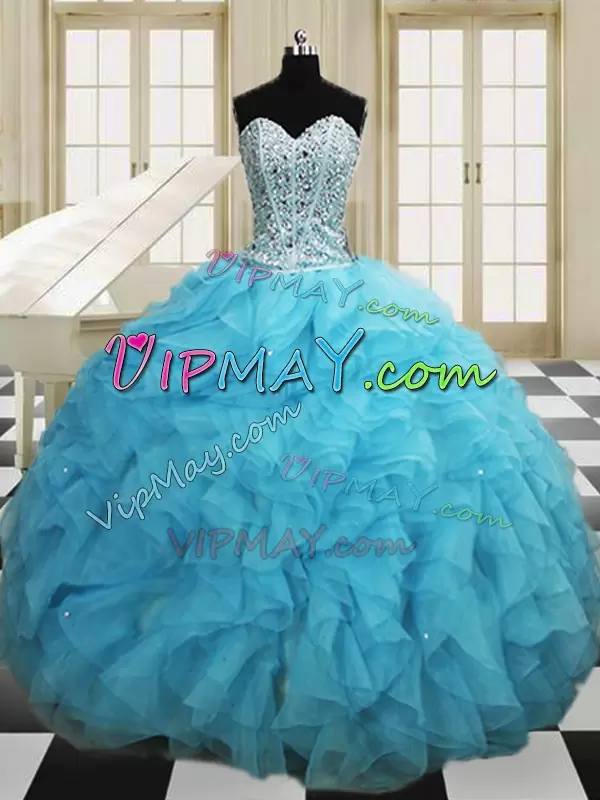 Decent Floor Length Baby Blue Sweet 16 Quinceanera Dress Organza Sleeveless Beading and Ruffles