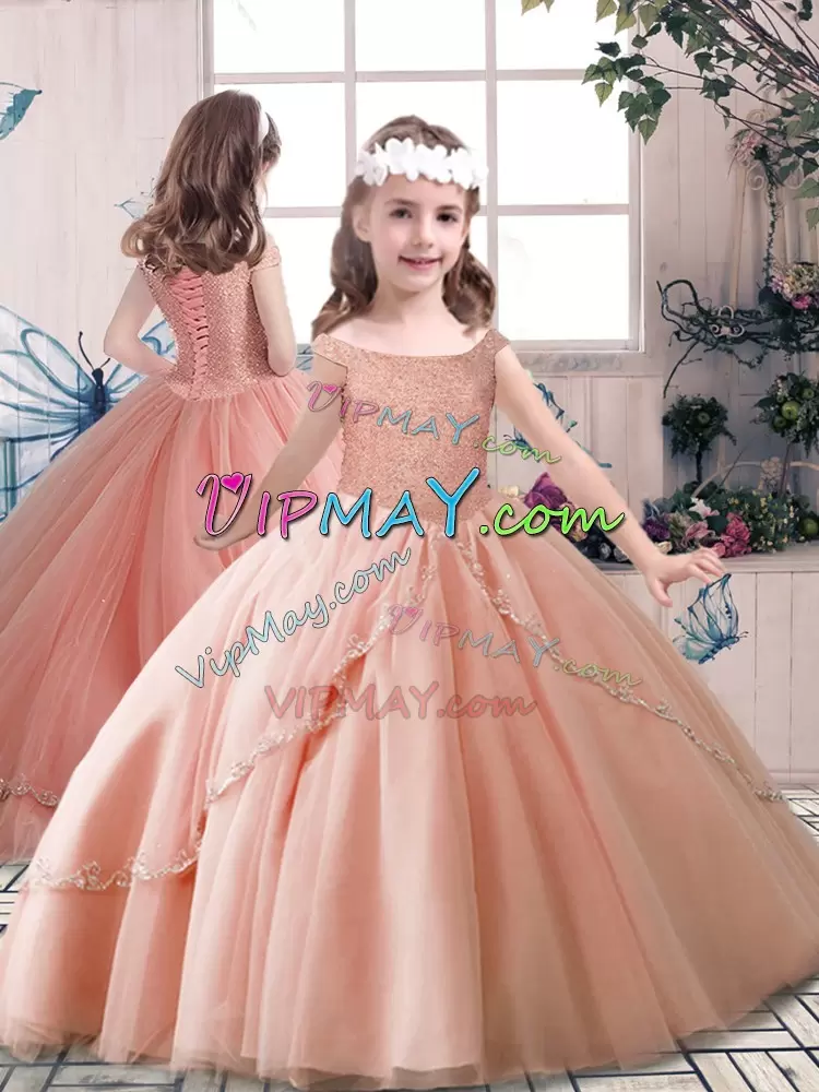 Cute Off The Shoulder Sleeveless Vestidos de Quinceanera Brush Train Beading Peach Tulle