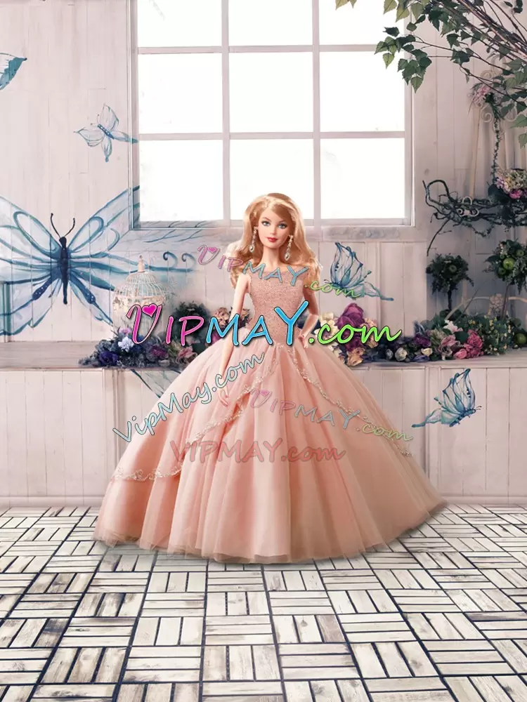 Cute Off The Shoulder Sleeveless Vestidos de Quinceanera Brush Train Beading Peach Tulle