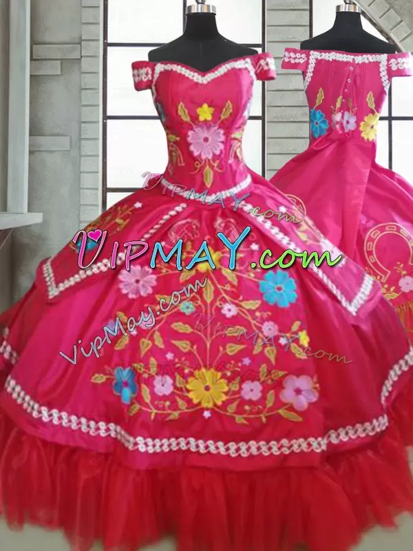 Hot Pink Ball Gown Prom Dress Military Ball and Sweet 16 and Quinceanera with Beading and Embroidery Sweetheart Short Sleeves Lace Up