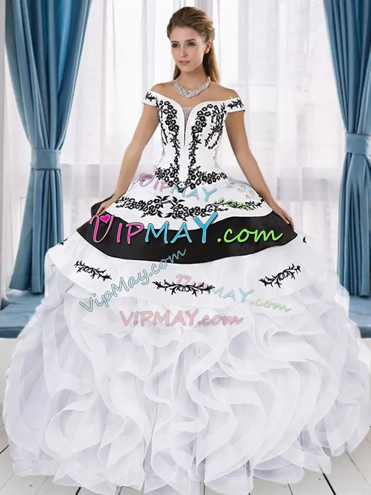 Sumptuous Ball Gowns Sweet 16 Dresses White Off The Shoulder Satin and Tulle Sleeveless Floor Length Lace Up