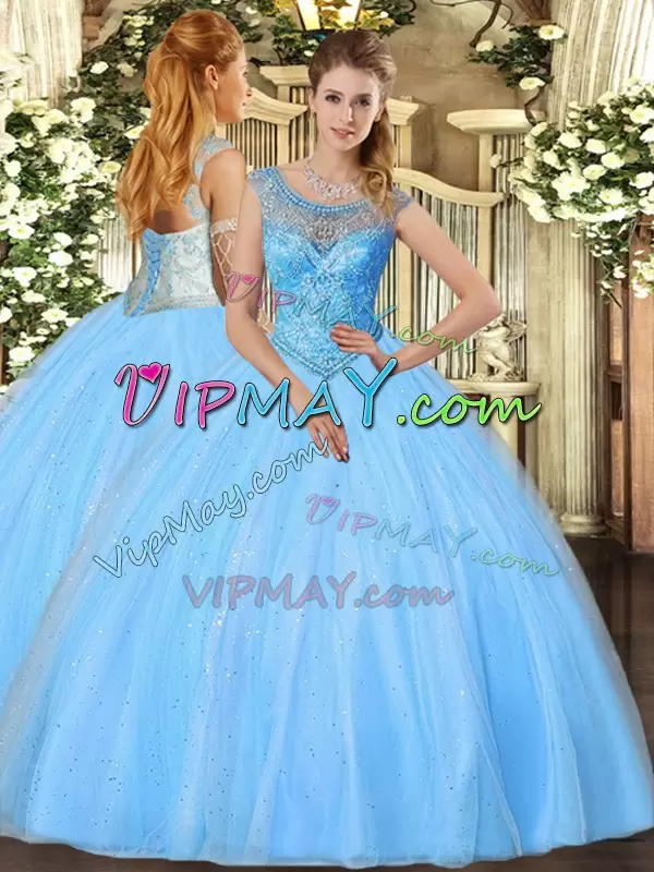 Baby Blue Quinceanera Gowns Sweet 16 and Quinceanera with Beading Scoop Sleeveless Lace Up