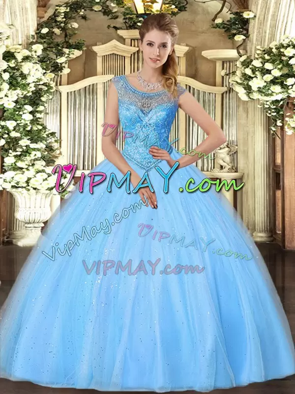 Baby Blue Quinceanera Gowns Sweet 16 and Quinceanera with Beading Scoop Sleeveless Lace Up