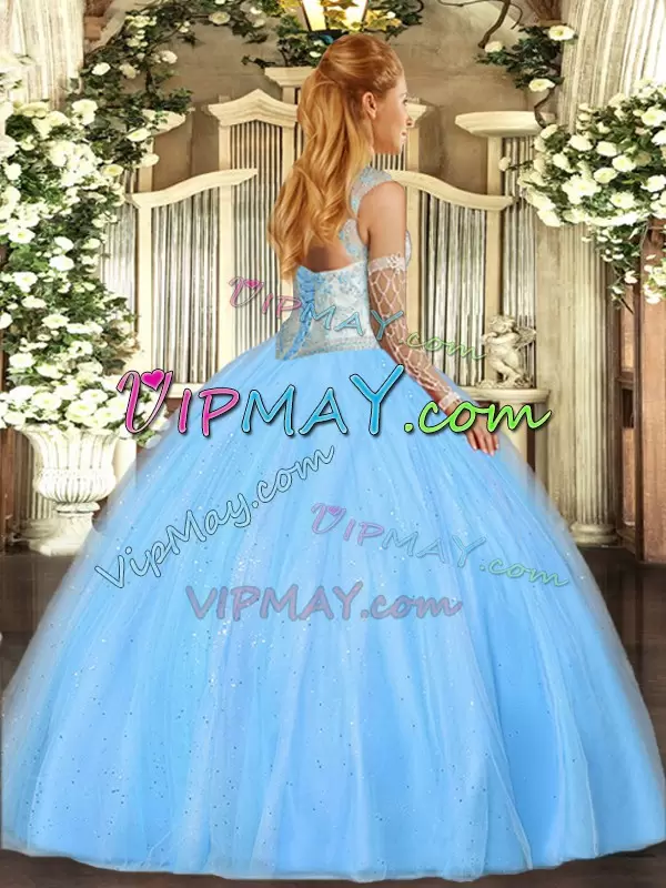 Baby Blue Quinceanera Gowns Sweet 16 and Quinceanera with Beading Scoop Sleeveless Lace Up