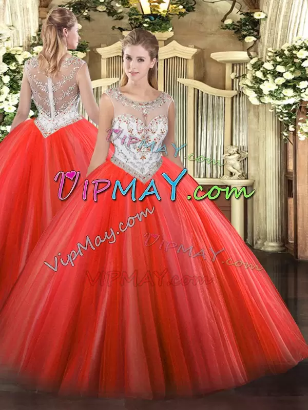 Coral Red Tulle Zipper Scoop Sleeveless Floor Length Sweet 16 Quinceanera Dress Beading