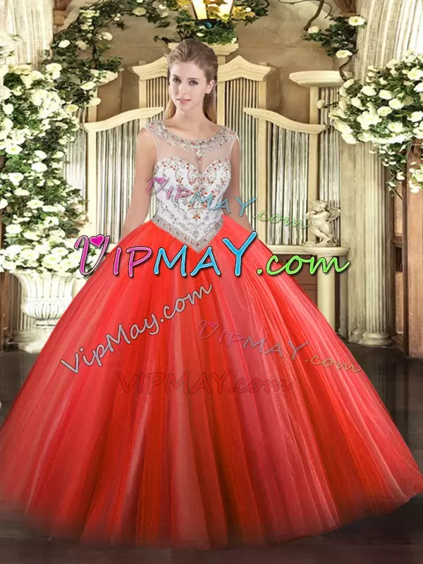 Coral Red Tulle Zipper Scoop Sleeveless Floor Length Sweet 16 Quinceanera Dress Beading