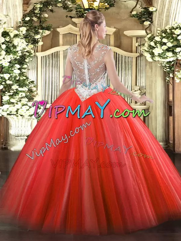 Coral Red Tulle Zipper Scoop Sleeveless Floor Length Sweet 16 Quinceanera Dress Beading