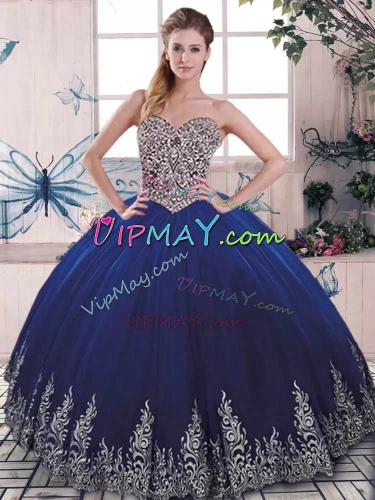Glittering Royal Blue Lace Up Sweetheart Beading and Embroidery Quinceanera Dress Tulle Sleeveless