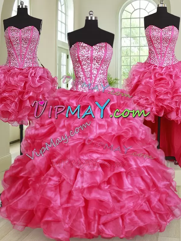 Dramatic Sleeveless Floor Length Beading and Ruffles Lace Up Quinceanera Dresses with Hot Pink