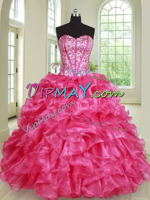 Dramatic Sleeveless Floor Length Beading and Ruffles Lace Up Quinceanera Dresses with Hot Pink