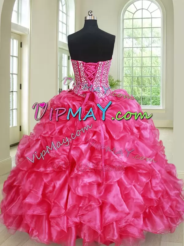 Dramatic Sleeveless Floor Length Beading and Ruffles Lace Up Quinceanera Dresses with Hot Pink