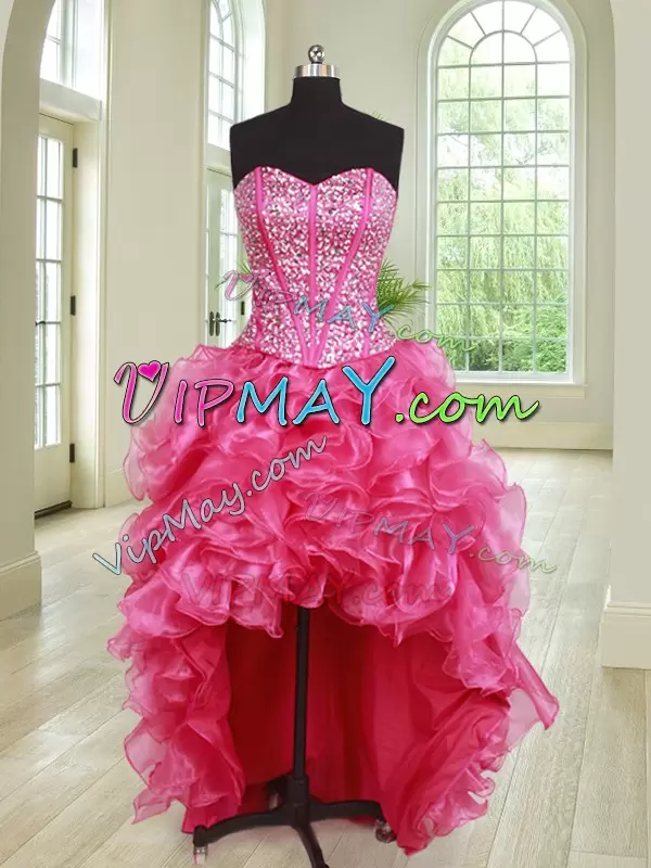 Dramatic Sleeveless Floor Length Beading and Ruffles Lace Up Quinceanera Dresses with Hot Pink