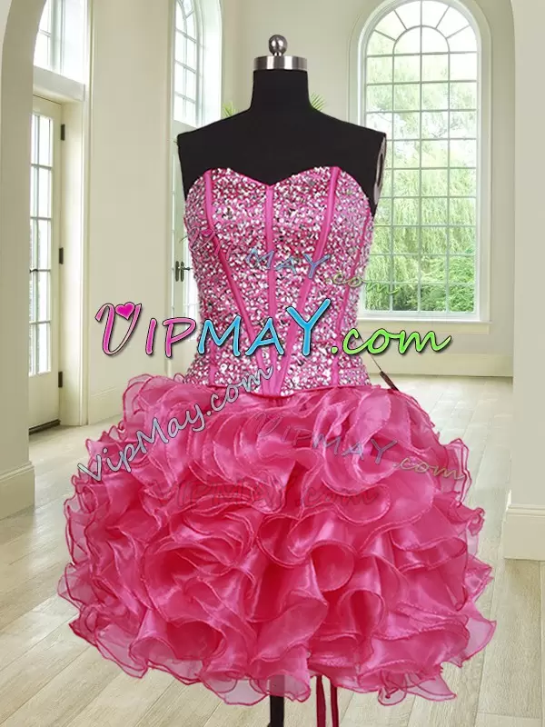 Dramatic Sleeveless Floor Length Beading and Ruffles Lace Up Quinceanera Dresses with Hot Pink